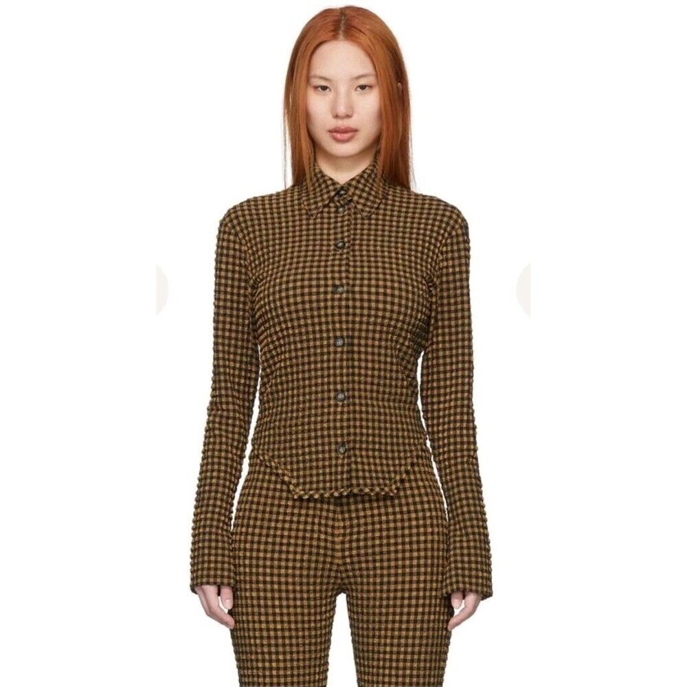 Nanushka Saro Button Up Brown Black Check Seersucker Fabric Long Sleeve Sz XS